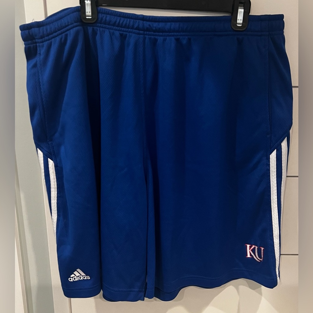 Adidas Men’s Kansas Jayhawks Royal Blue Basketball Shorts with White Stripes